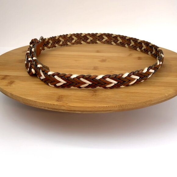 Vintage 1980's Copper Key Braided Leather Belt Size M/28 Tan Brown White Boho - Picture 6 of 14